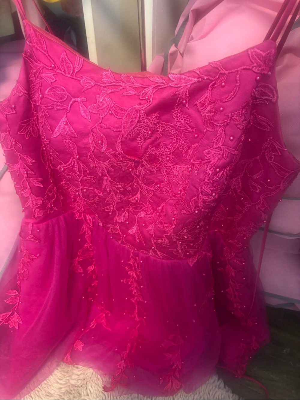 Embroidered Hot Pink Spaghetti-Strap Mini Dress